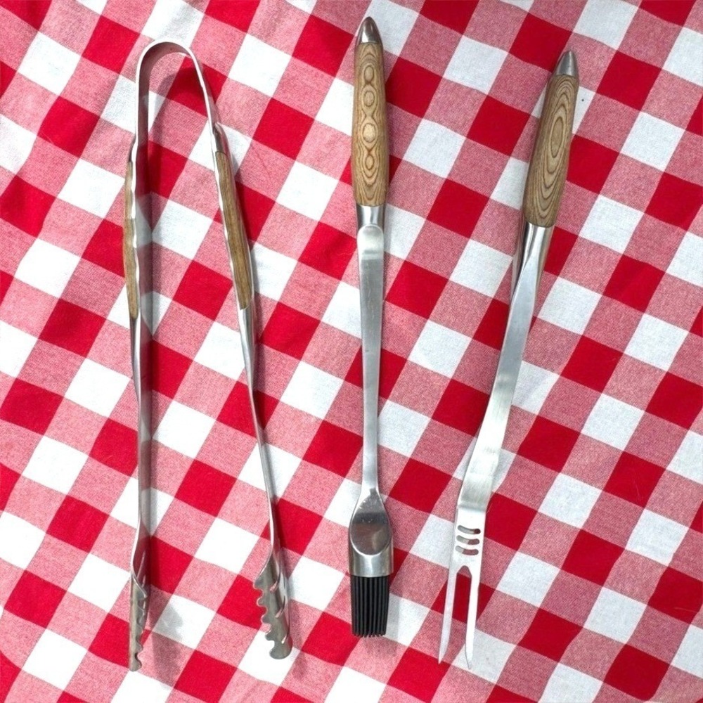 BBQ Tool Set Teak Stainless Steel Artistic Design 3-Piece Tong Fork Brush Grill